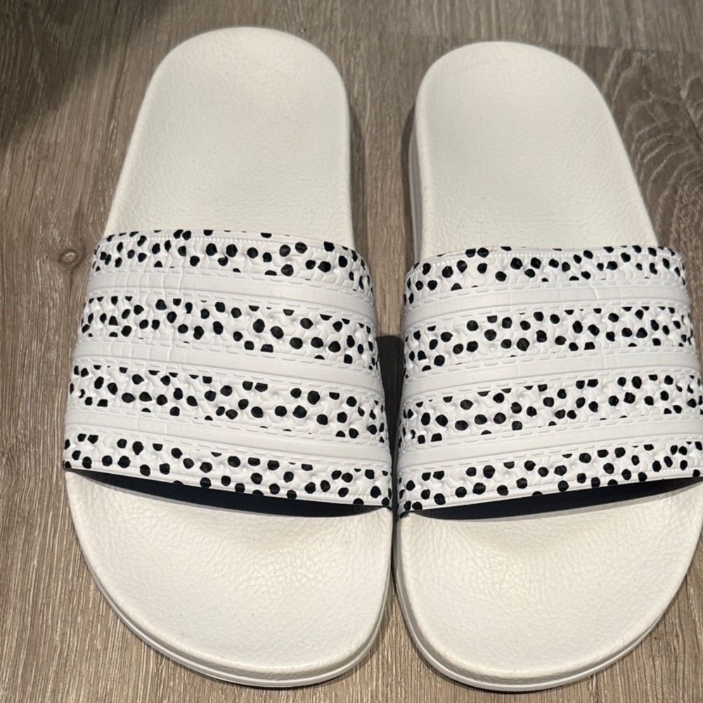 Adidas White and Black Polka Dot Slides